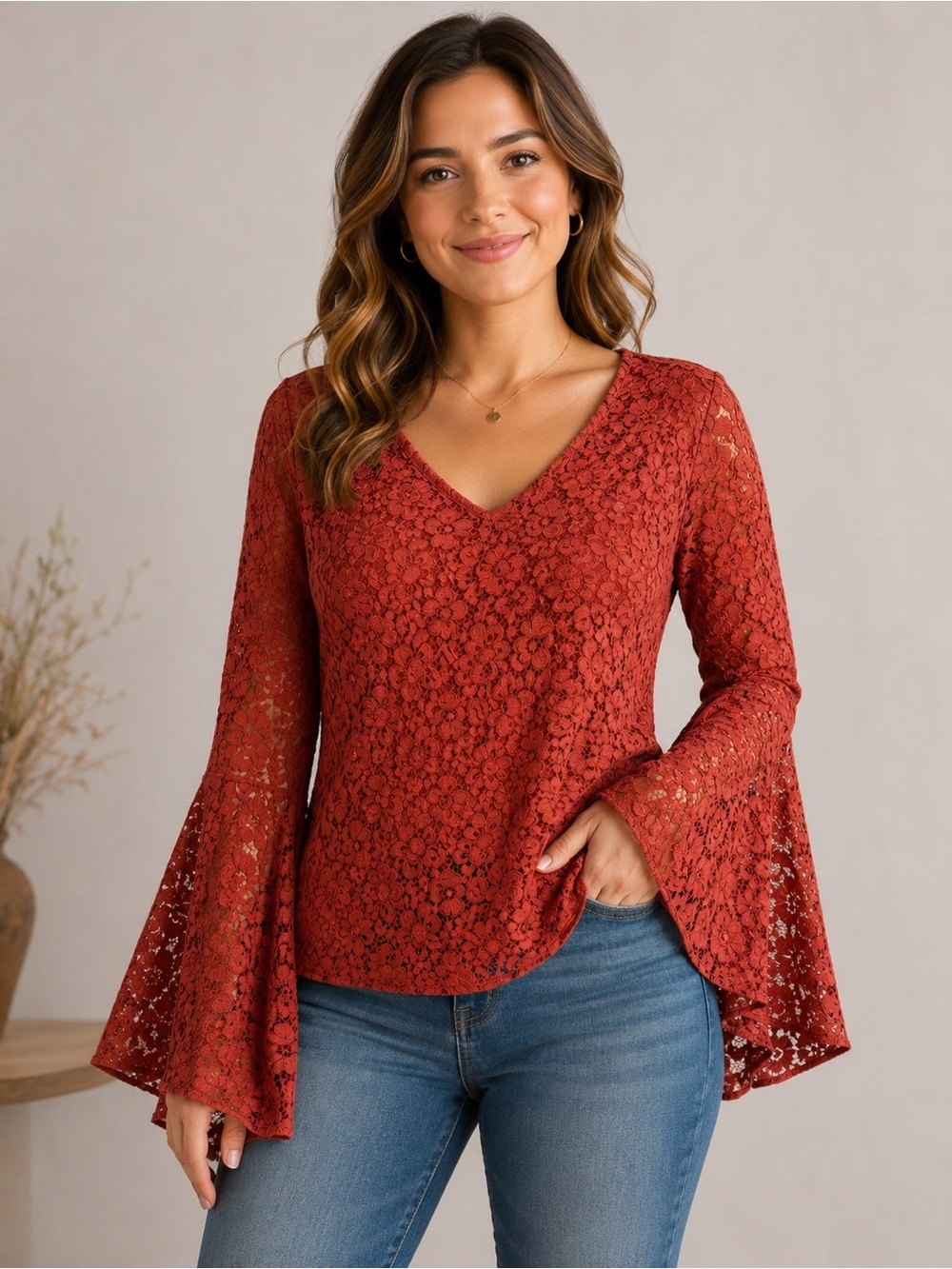 Zara Woman Rust Floral Lace Shirt. Size XS